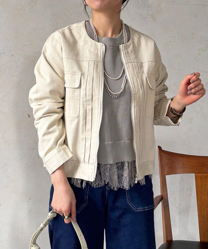 無領拉鍊牛仔短外套