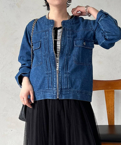 無領拉鍊牛仔短外套