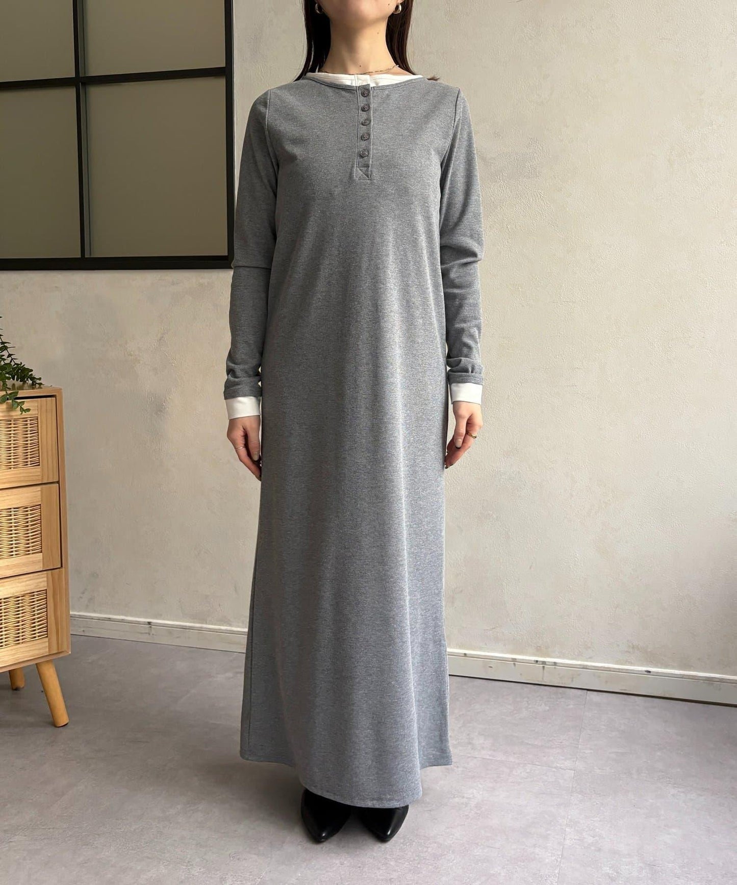 羅紋假兩件亨利領連衣裙