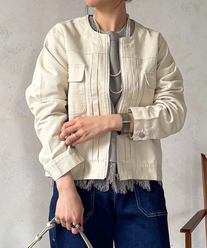 無領拉鍊牛仔短外套
