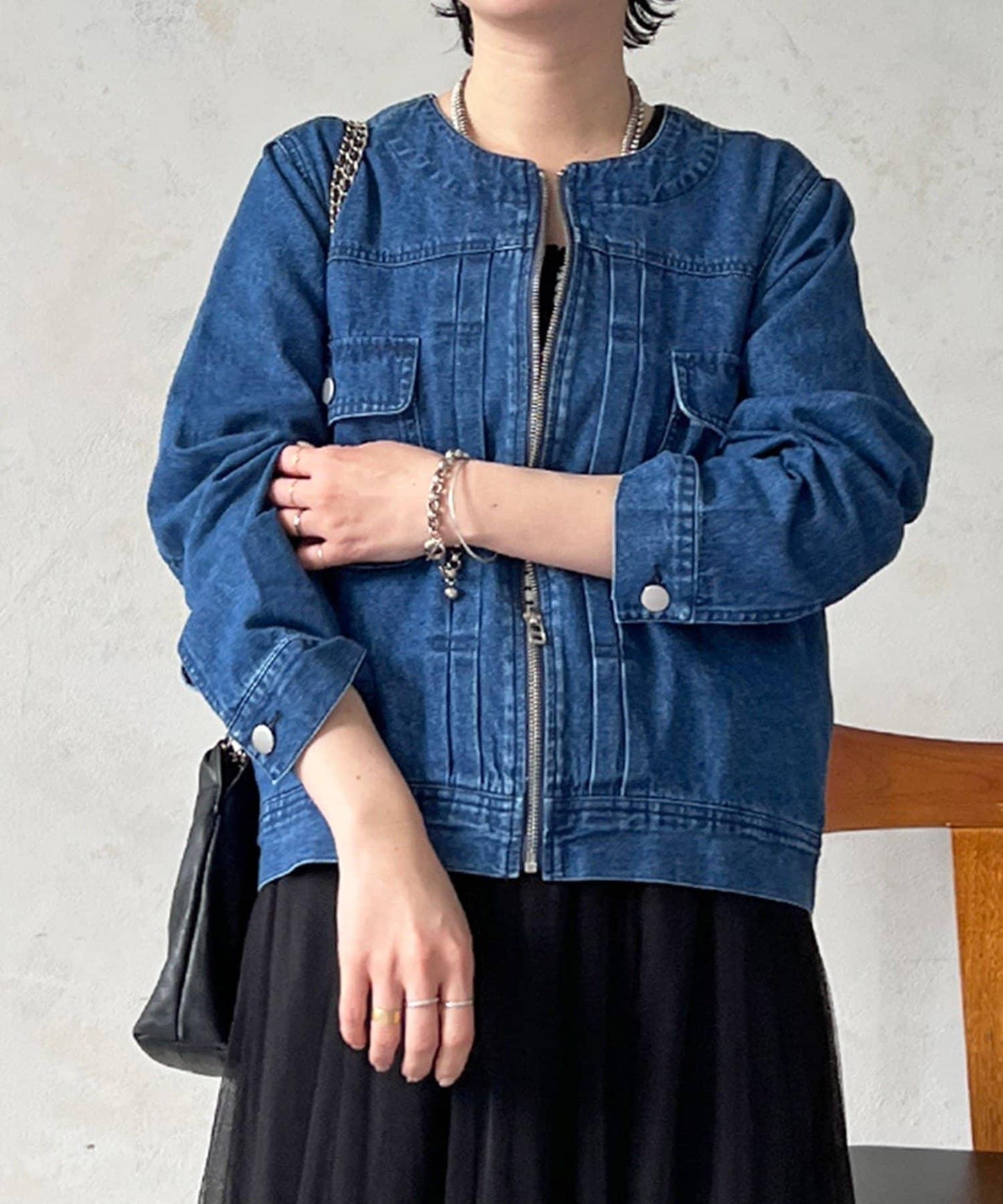 無領拉鍊牛仔短外套