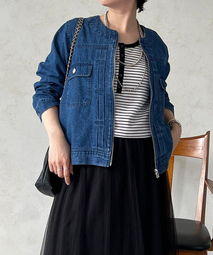 無領拉鍊牛仔短外套