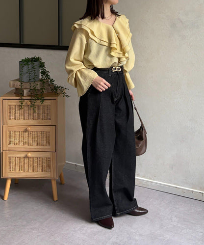 V領荷葉邊糖果袖襯衫