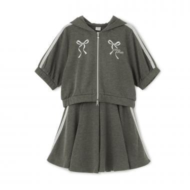 亮絲毛圈拉鍊連帽外套＋喇叭裙褲套裝