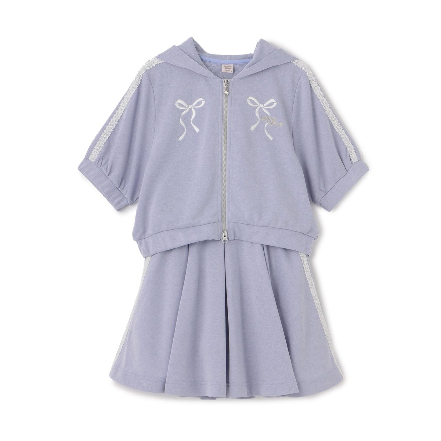 亮絲毛圈拉鍊連帽外套＋喇叭裙褲套裝