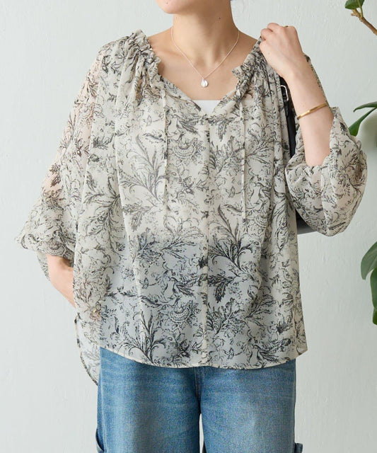 更紗印花褶皺設計襯衫