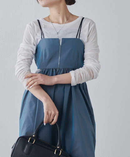 腰部拼接褶皺吊帶連衣裙