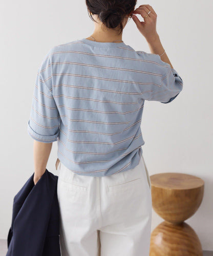 成人風 多色條紋 五分袖 Tee T恤