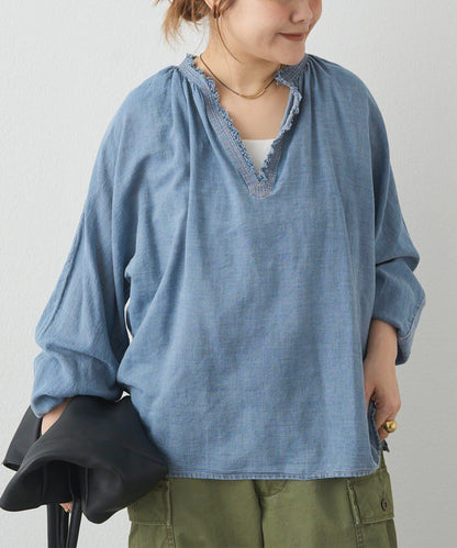 領口荷葉邊輕透牛仔襯衫