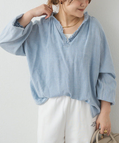 領口荷葉邊輕透牛仔襯衫
