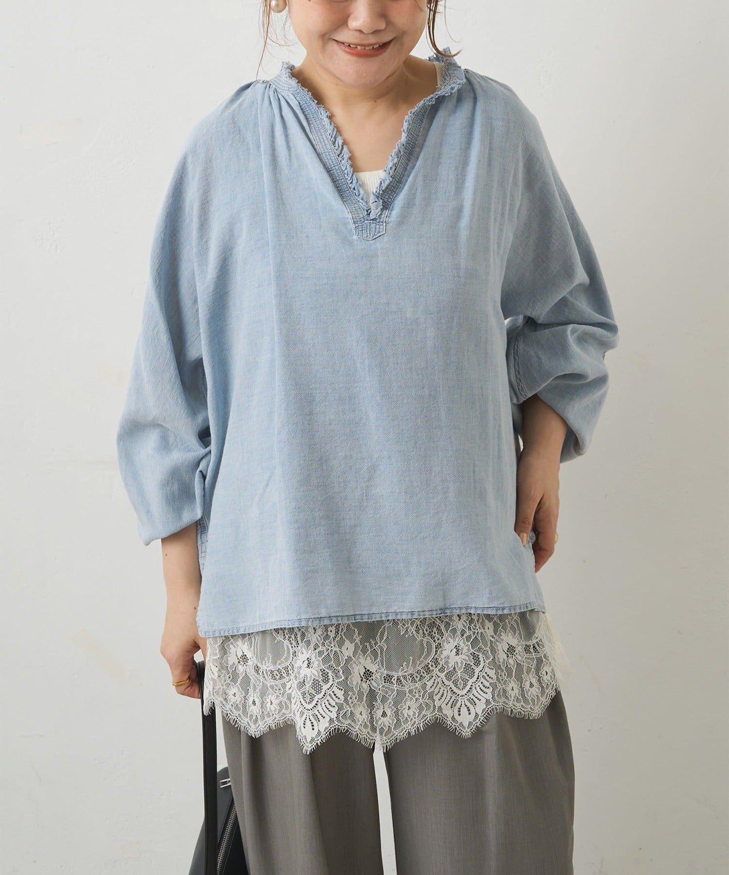 領口荷葉邊輕透牛仔襯衫