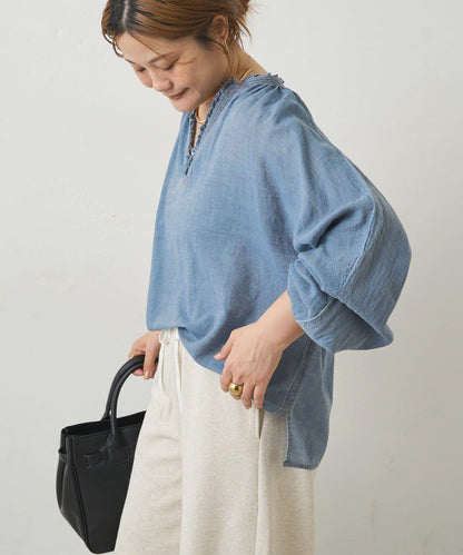 領口荷葉邊輕透牛仔襯衫