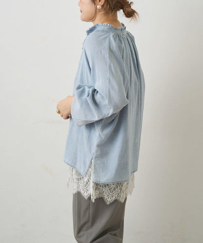 領口荷葉邊輕透牛仔襯衫