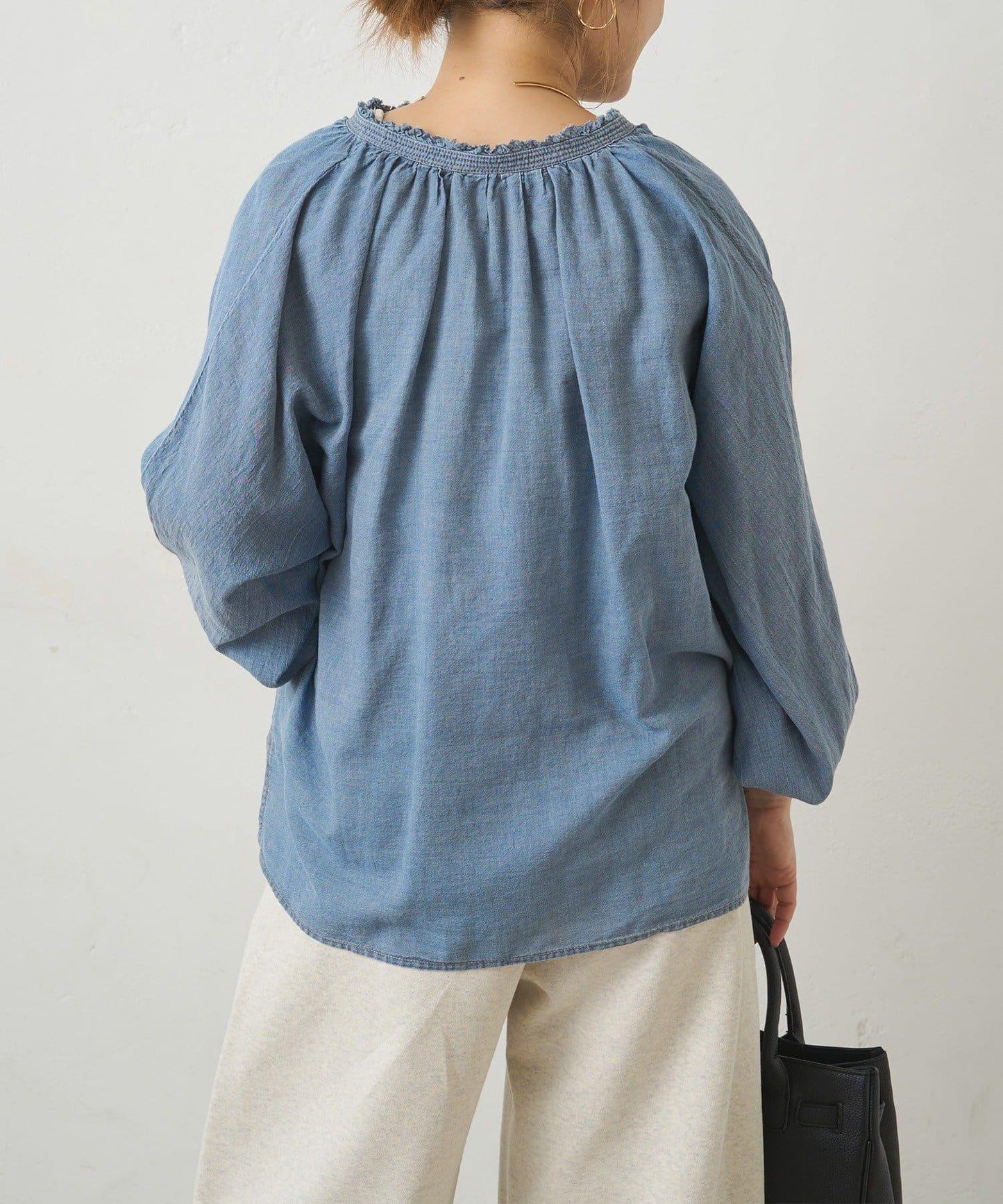 領口荷葉邊輕透牛仔襯衫
