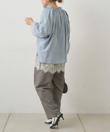 領口荷葉邊輕透牛仔襯衫