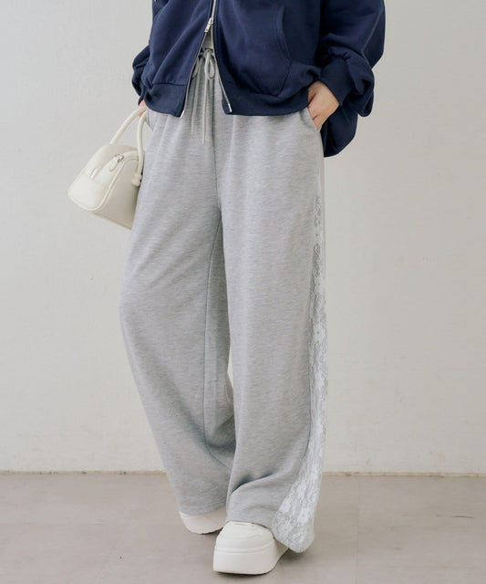 側邊蕾絲 彈力 休閒長褲