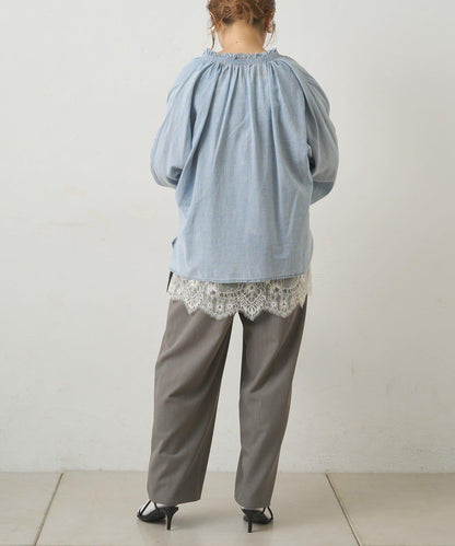 領口荷葉邊輕透牛仔襯衫