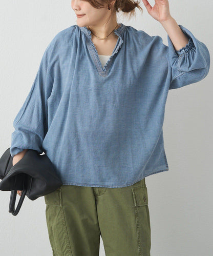 領口荷葉邊輕透牛仔襯衫