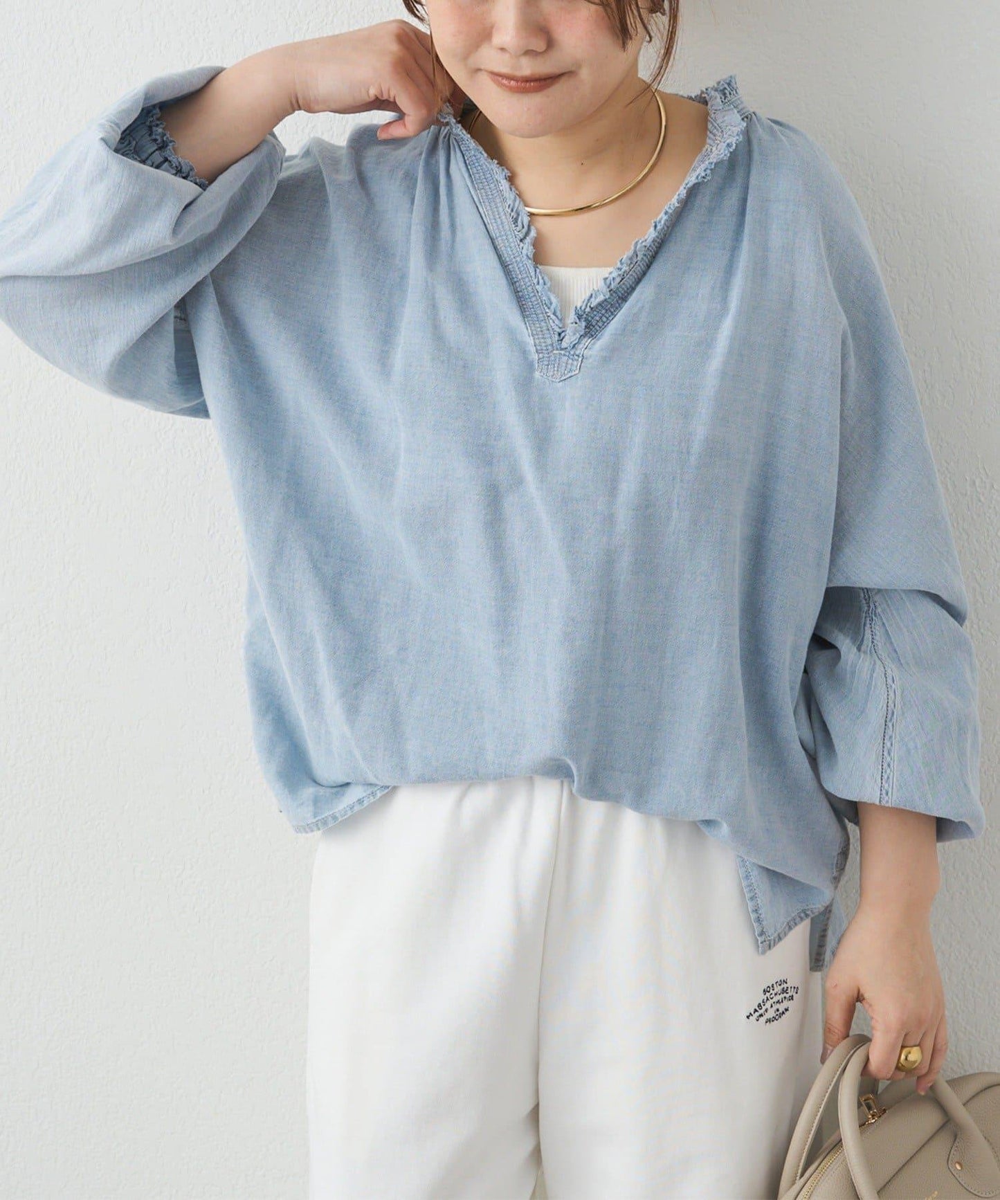 領口荷葉邊輕透牛仔襯衫