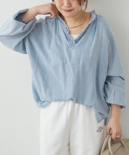 領口荷葉邊輕透牛仔襯衫