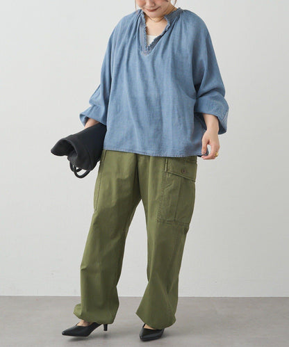 領口荷葉邊輕透牛仔襯衫