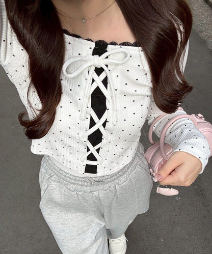 繫帶拼接羅紋上衣