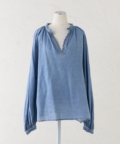 領口荷葉邊輕透牛仔襯衫