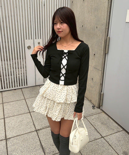 繫帶拼接羅紋上衣