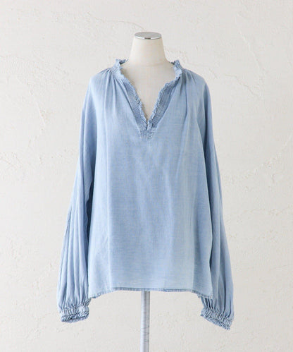 領口荷葉邊輕透牛仔襯衫