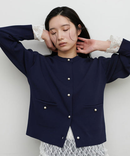 簡約風短款珍珠釦針織開衫