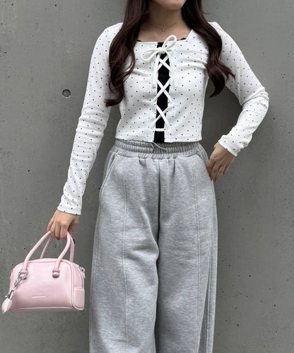 繫帶拼接羅紋上衣