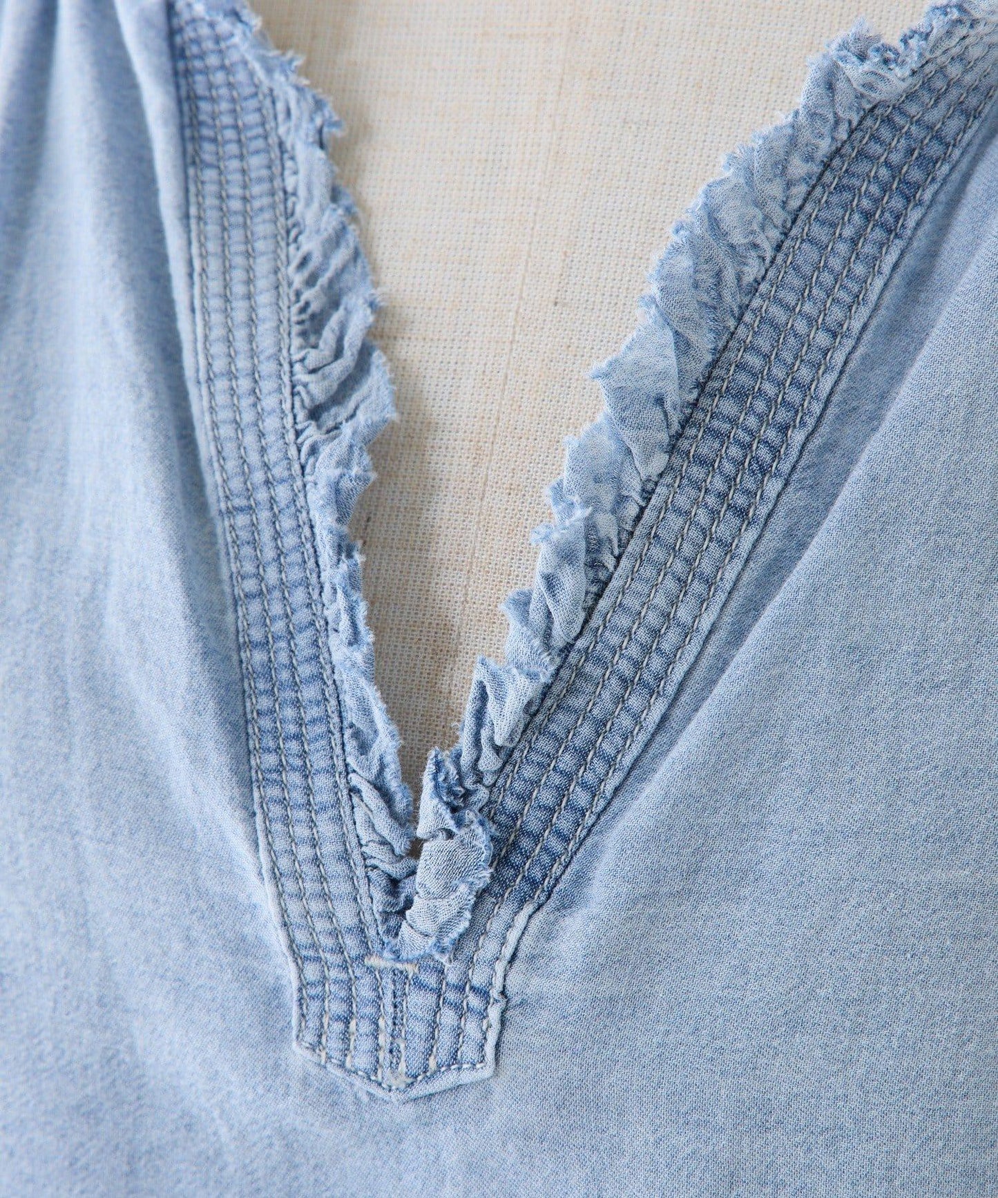 領口荷葉邊輕透牛仔襯衫