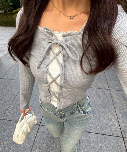 繫帶拼接羅紋上衣