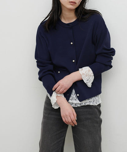 簡約風短款珍珠釦針織開衫