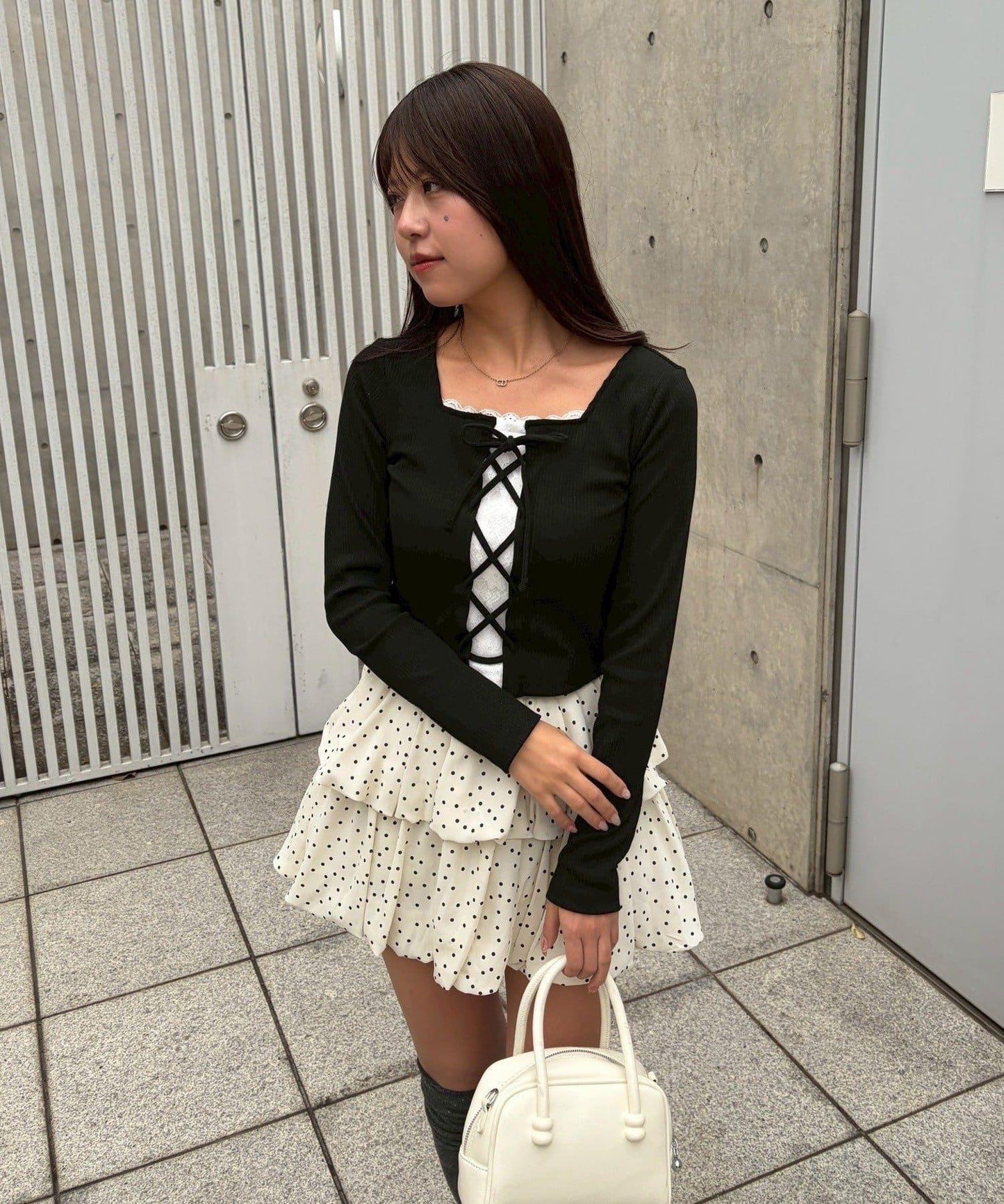 繫帶拼接羅紋上衣