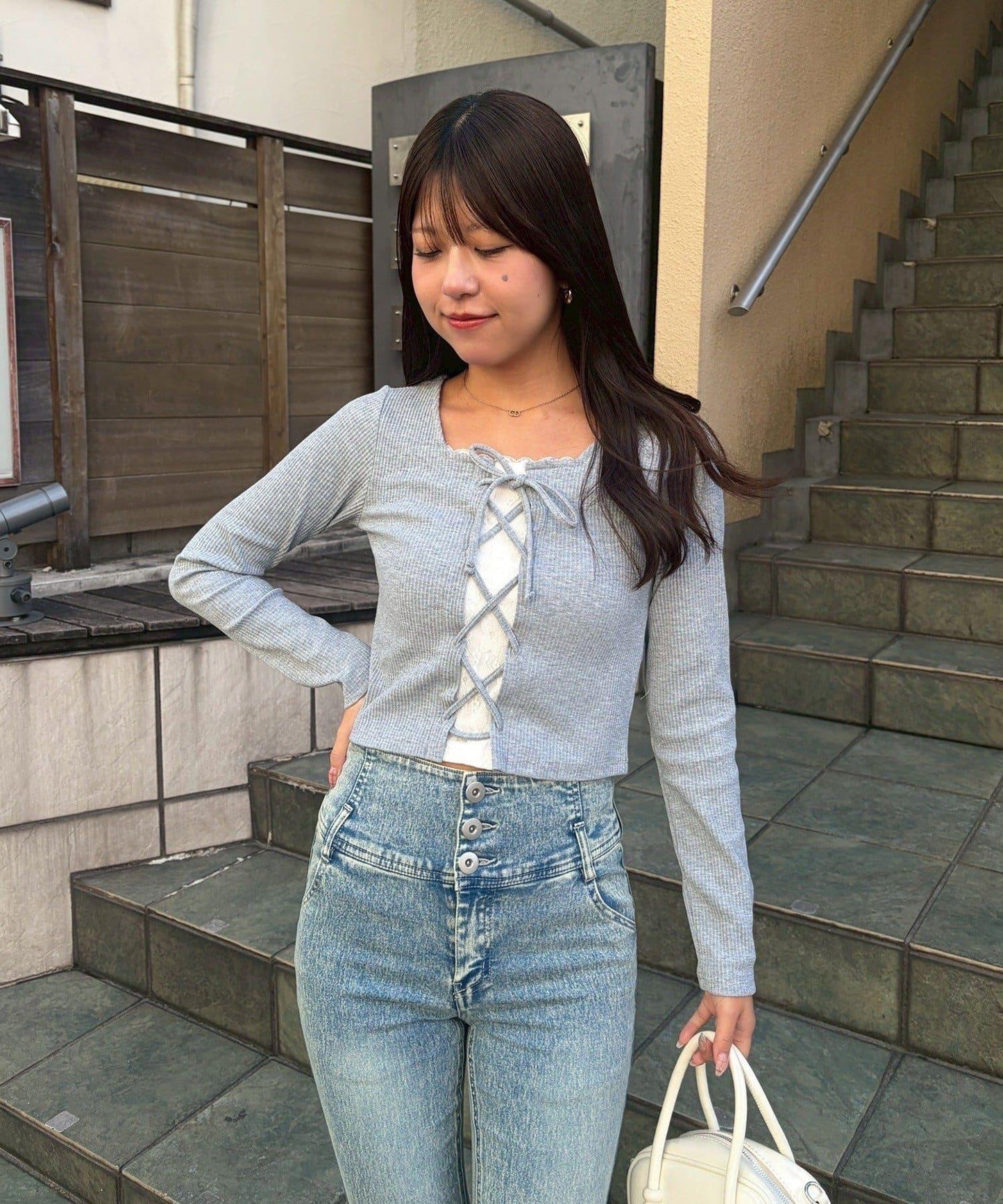 繫帶拼接羅紋上衣