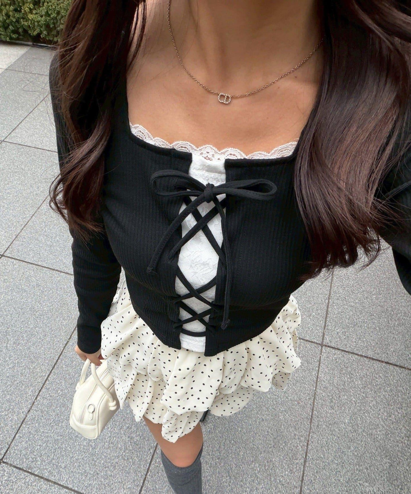 繫帶拼接羅紋上衣