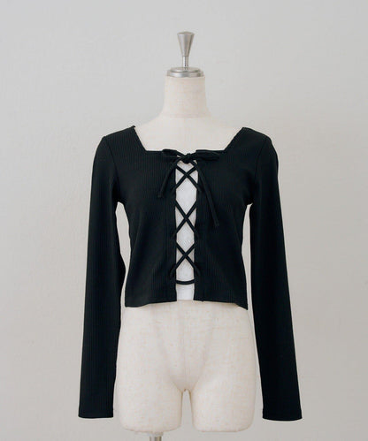 繫帶拼接羅紋上衣