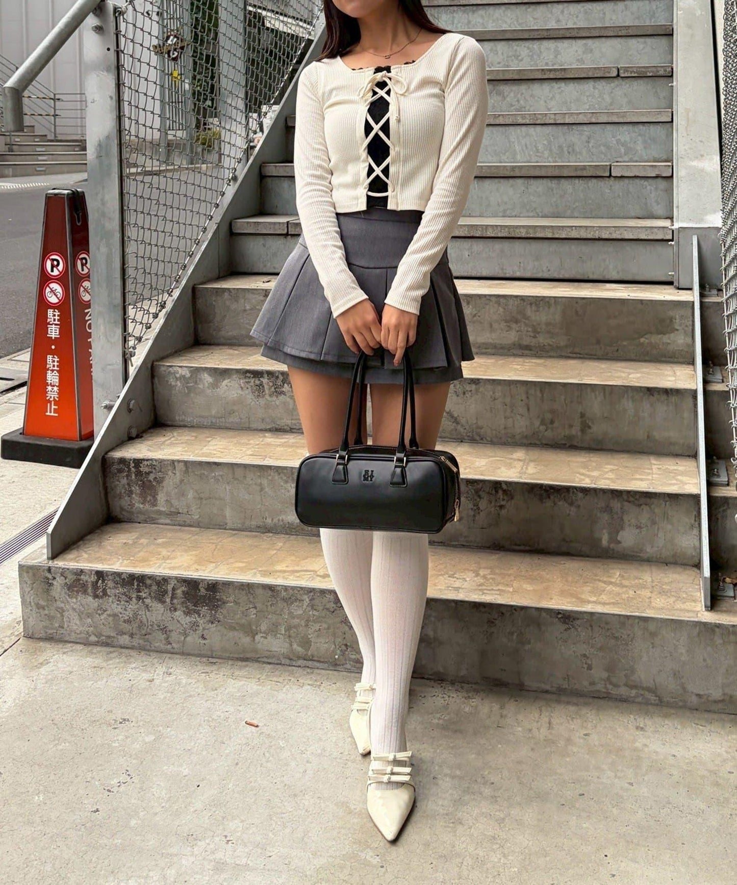 繫帶拼接羅紋上衣