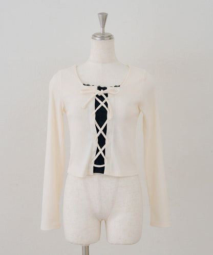 繫帶拼接羅紋上衣