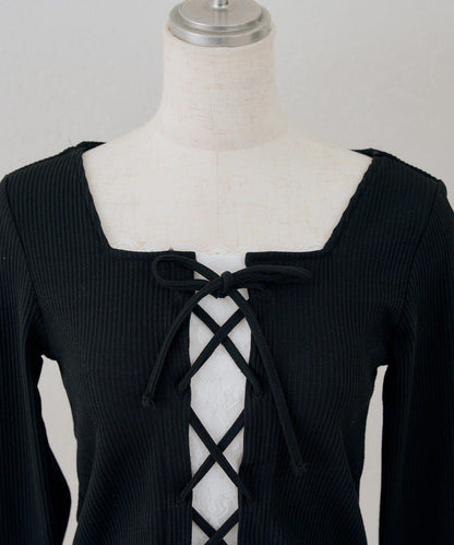 繫帶拼接羅紋上衣