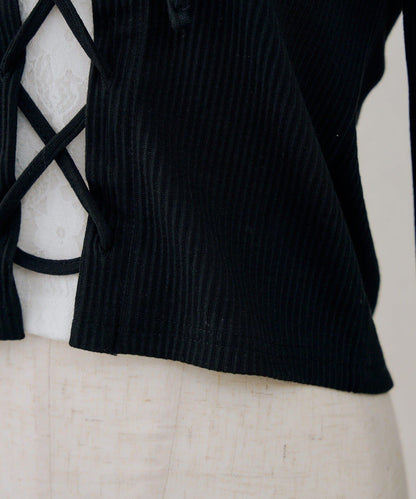 繫帶拼接羅紋上衣