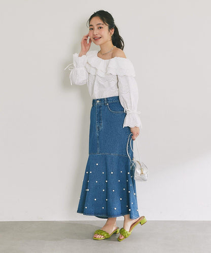 扇貝邊蕾絲單肩上衣