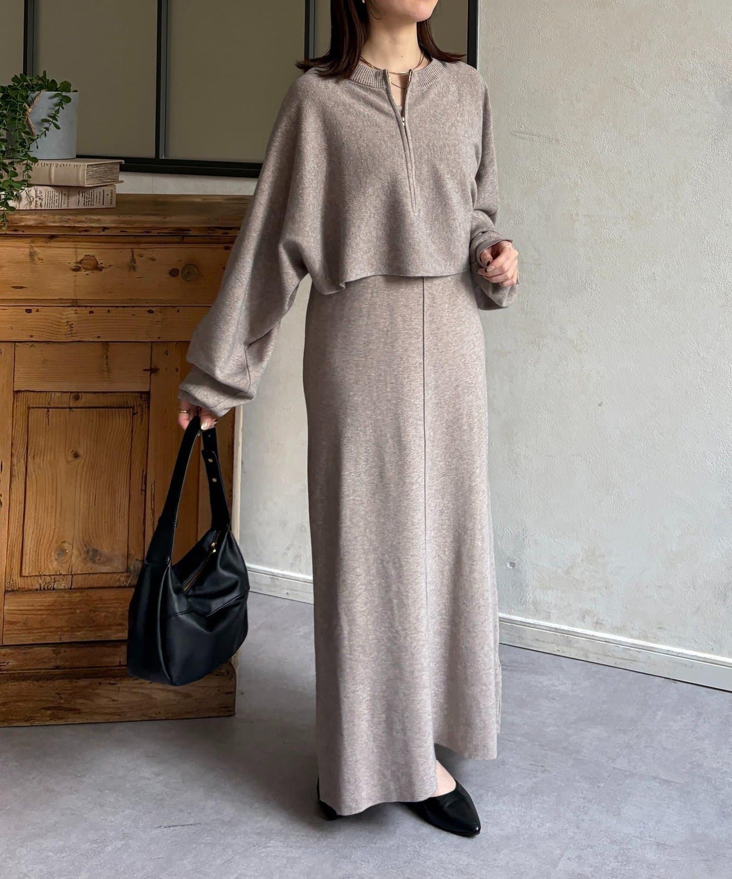 圓領半拉鍊針織套裝