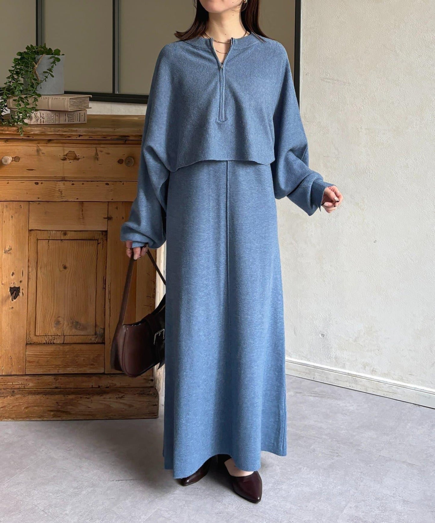 圓領半拉鍊針織套裝