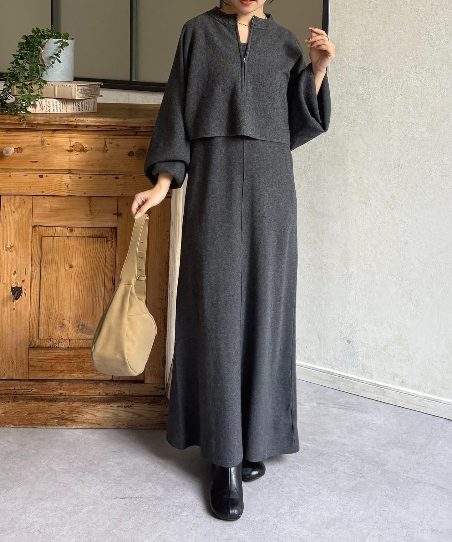 圓領半拉鍊針織套裝