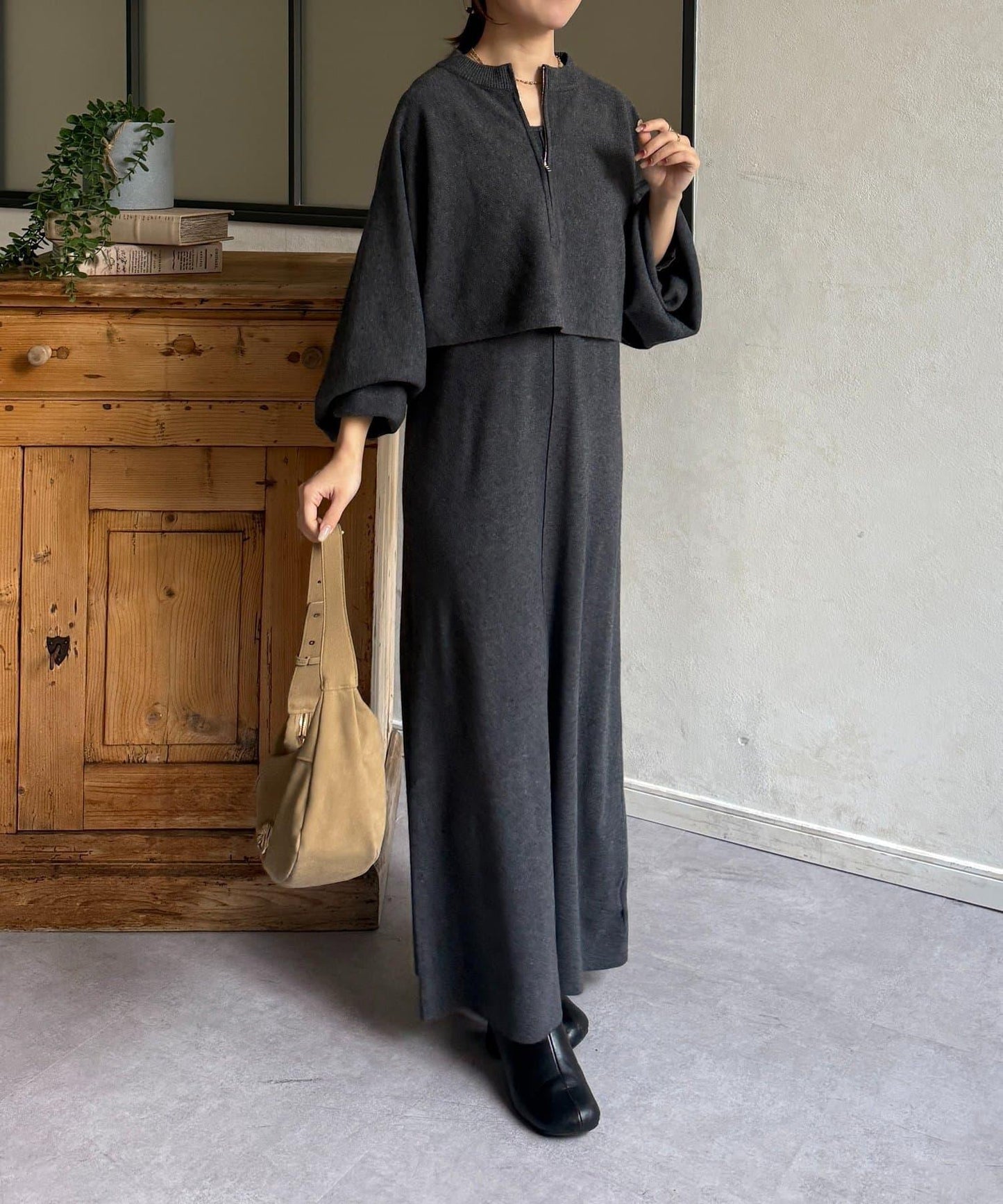 圓領半拉鍊針織套裝