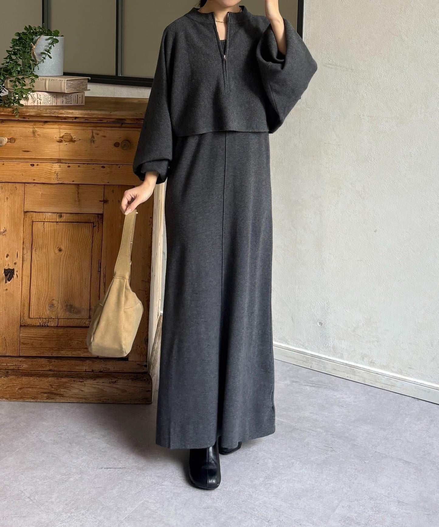 圓領半拉鍊針織套裝