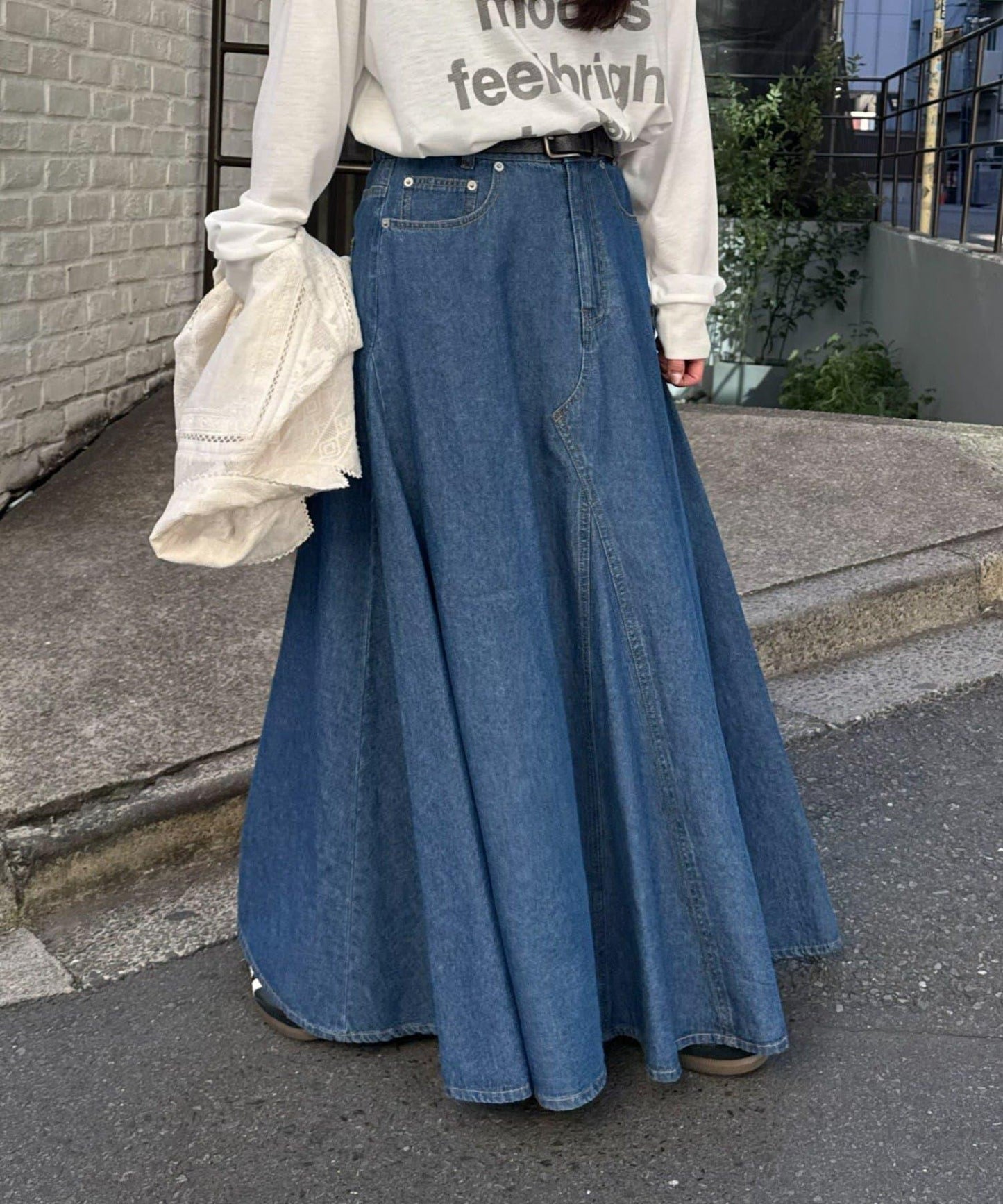 改造風柔軟牛仔長款傘擺半身裙