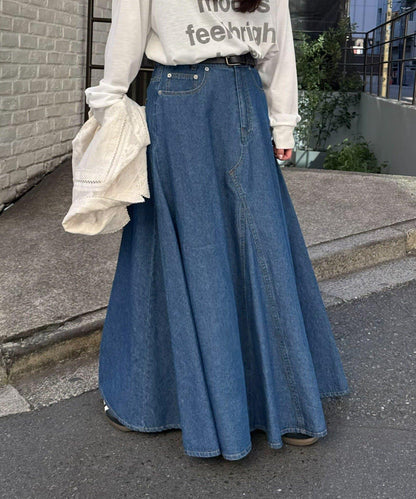 改造風柔軟牛仔長款傘擺半身裙